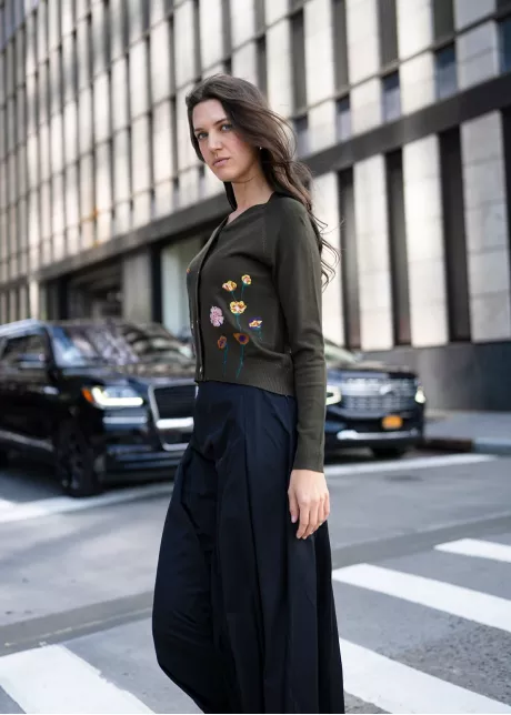 Floral Olive Cardigan and Black Skirt Outfit
