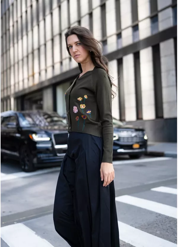 Floral Olive Cardigan and Black Skirt Outfit