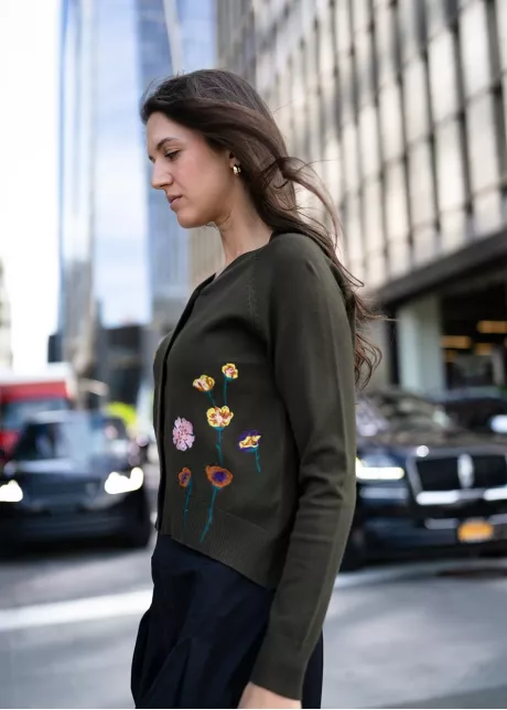 Floral Olive Cardigan and Black Skirt Outfit