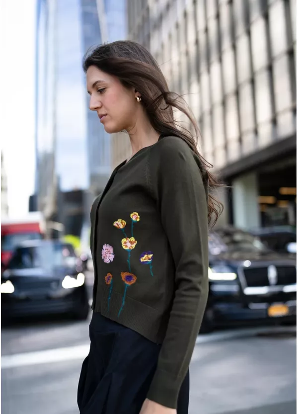 Floral Olive Cardigan and Black Skirt Outfit