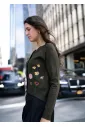 Floral Olive Cardigan and Black Skirt Outfit