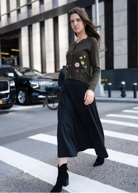 Floral Olive Cardigan and Black Skirt Outfit