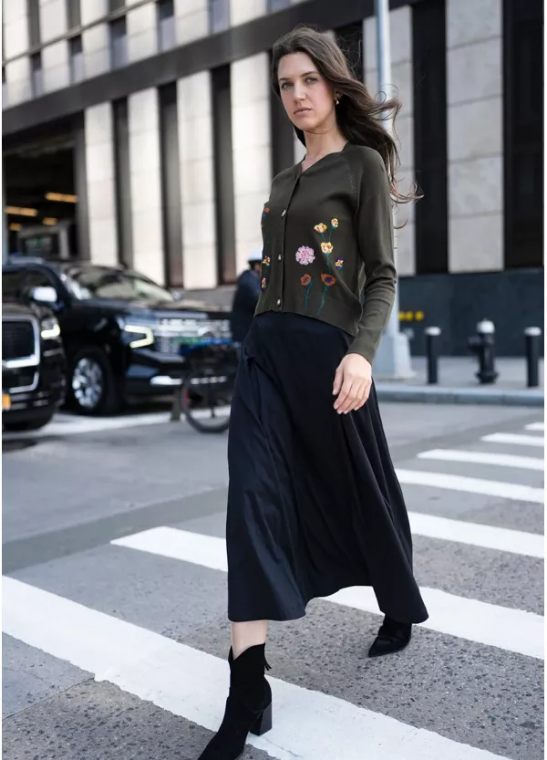 Floral Olive Cardigan and Black Skirt Outfit