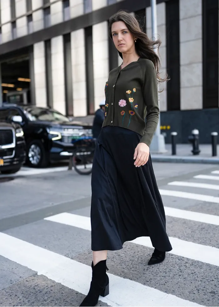 Paneled Flare Midi Skirt in Black
