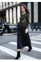 Floral Olive Cardigan and Black Skirt Outfit