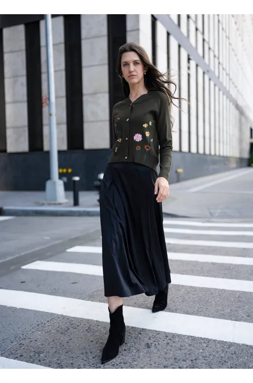 Floral Olive Cardigan and Black Skirt Outfit