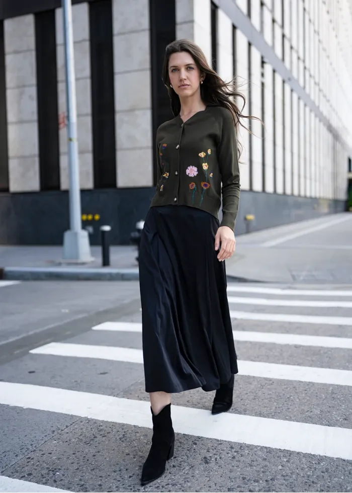 Floral Olive Cardigan and Black Skirt Outfit