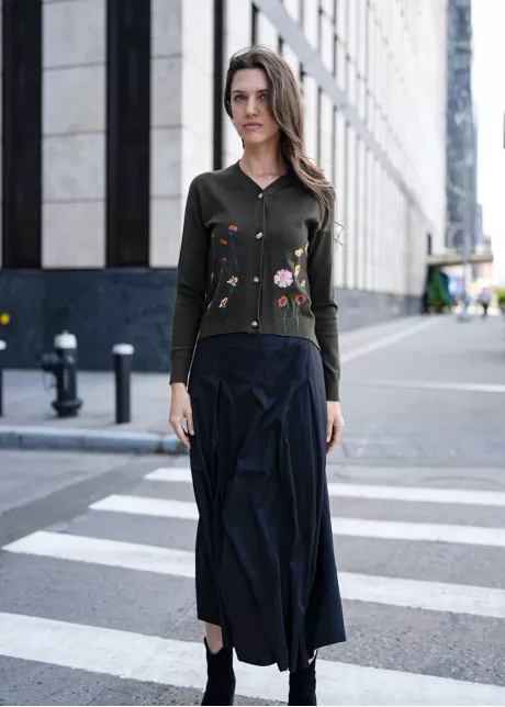 Floral Olive Cardigan and Black Skirt Outfit