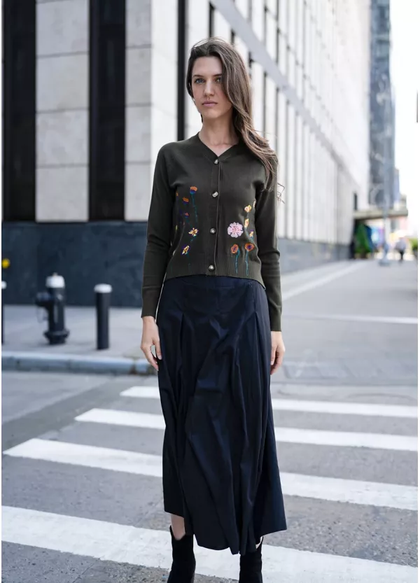Floral Olive Cardigan and Black Skirt Outfit
