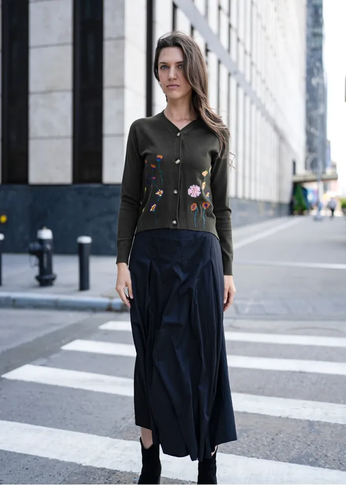 Paneled Flare Midi Skirt in Black