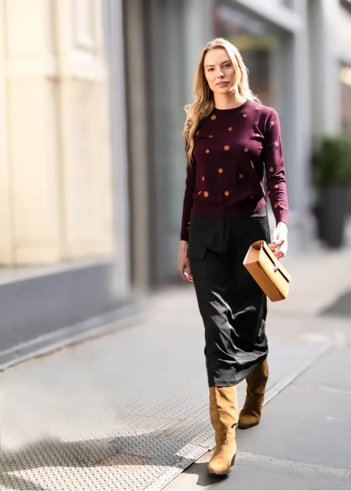 Burgundy Sweater with Gold Embroidery