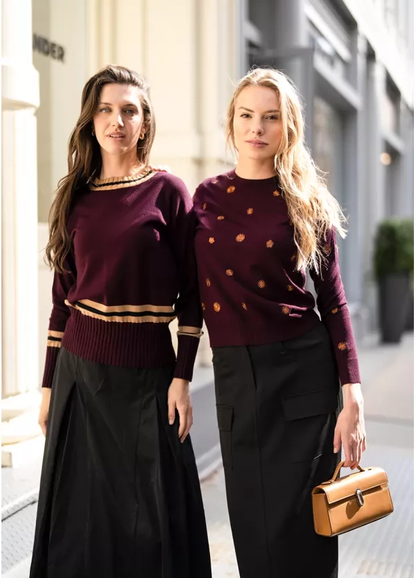 Burgundy Bloom Knit & Skirt Outfit