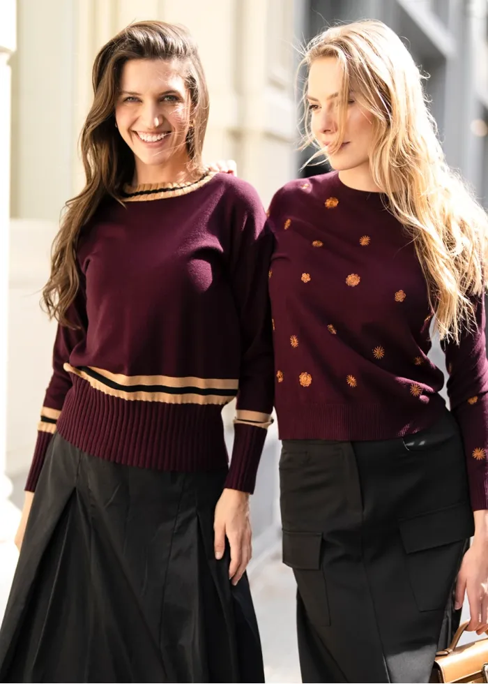 Burgundy Sweater with Gold Embroidery