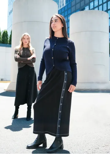 Navy Texture Knit & Black Skirt Outfit