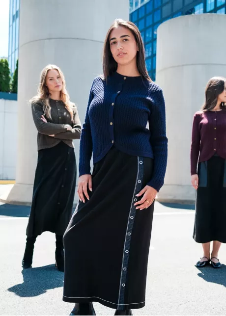 Navy Texture Knit & Black Skirt Outfit