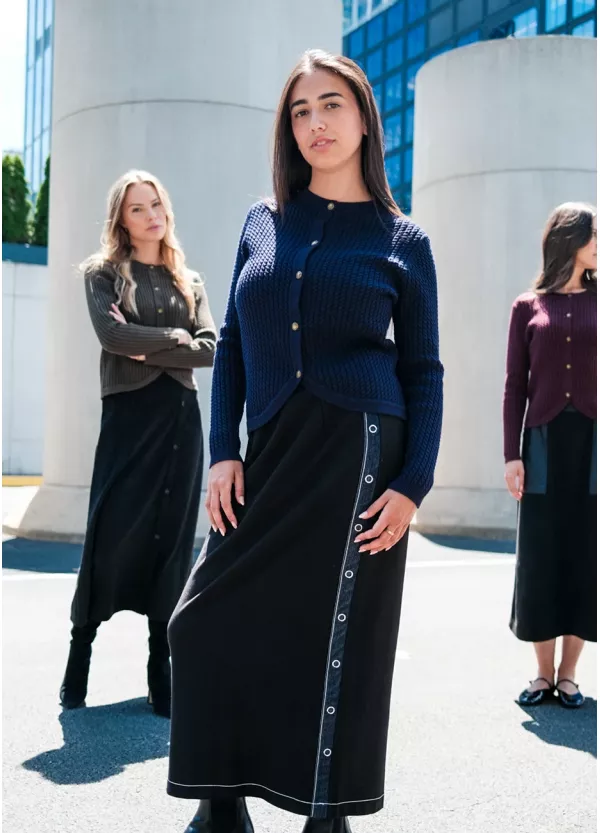 Navy Texture Knit & Black Skirt Outfit
