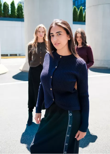 Navy Texture Knit & Black Skirt Outfit