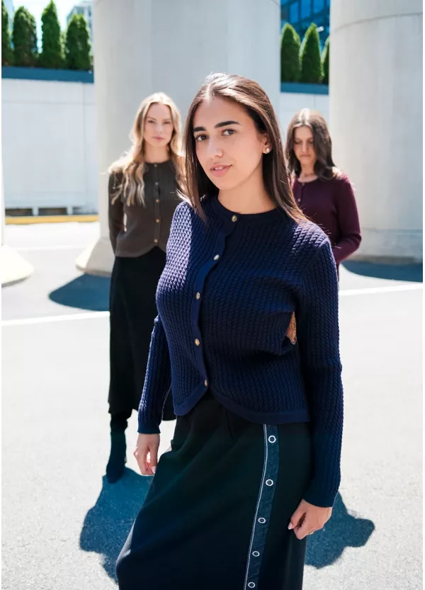 Navy Texture Knit & Black Skirt Outfit