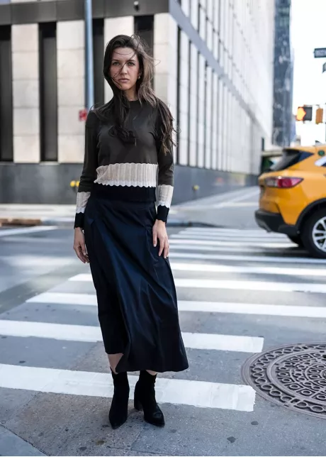 Olive Contrast Knit with Black Skirt Outfit