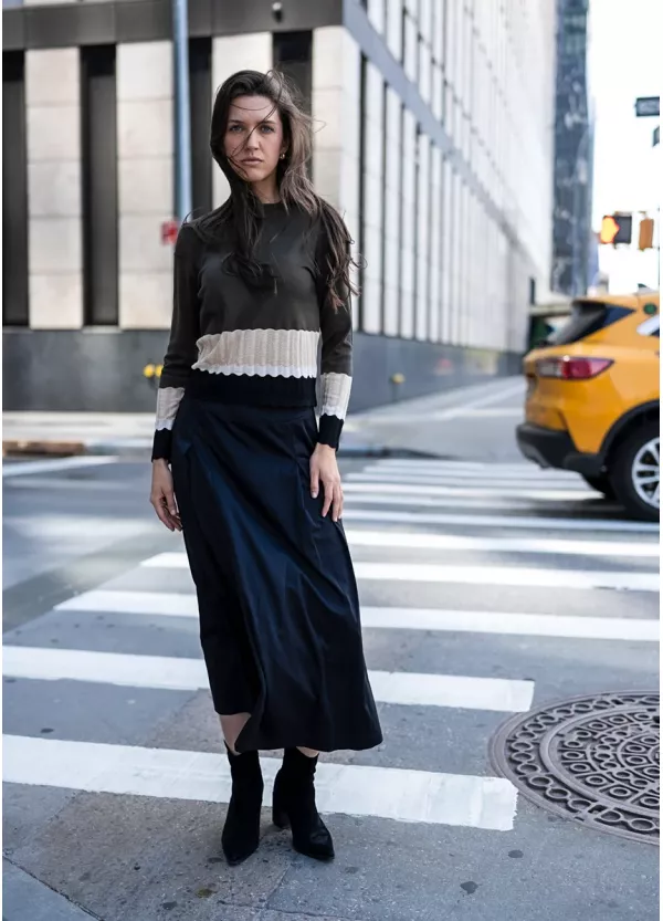 Olive Contrast Knit with Black Skirt Outfit