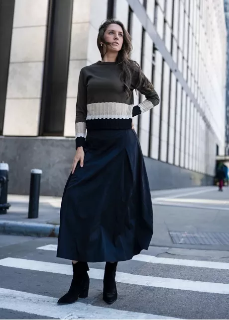 Olive Contrast Knit with Black Skirt Outfit