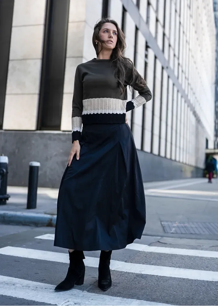 Olive Contrast Knit with Black Skirt Outfit
