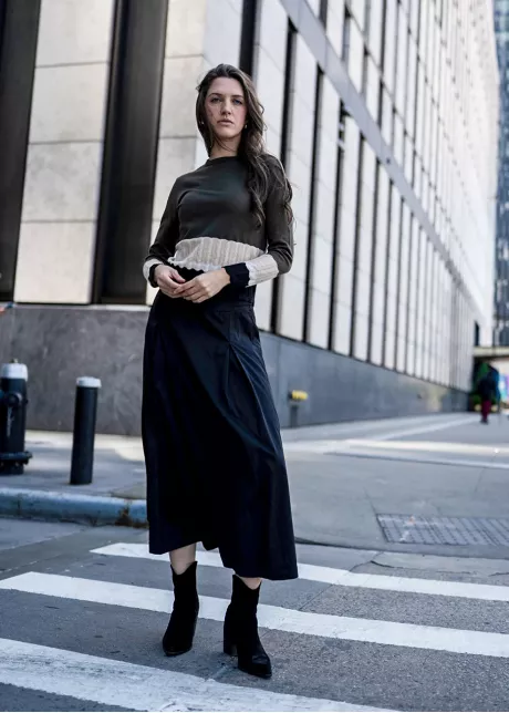Olive Contrast Knit with Black Skirt Outfit