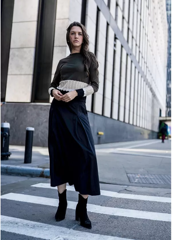 Olive Contrast Knit with Black Skirt Outfit