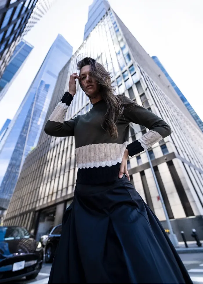 Olive Contrast Knit with Black Skirt Outfit