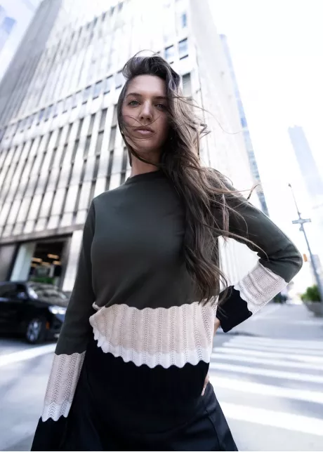 Olive Contrast Knit with Black Skirt Outfit