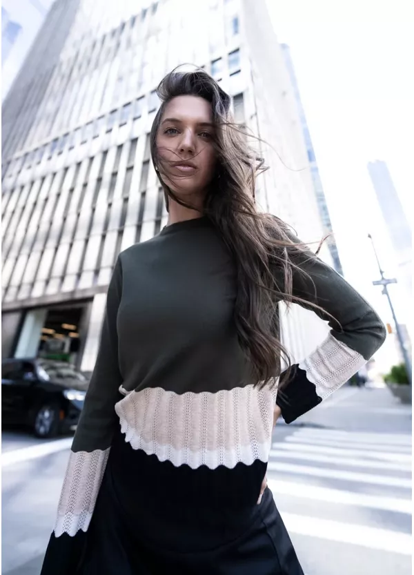 Olive Contrast Knit with Black Skirt Outfit