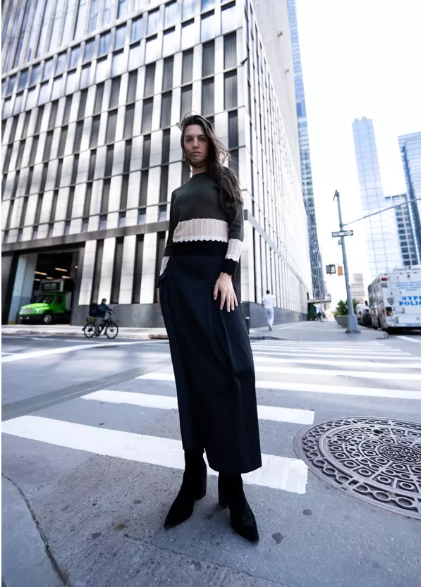 Olive Contrast Knit with Black Skirt Outfit