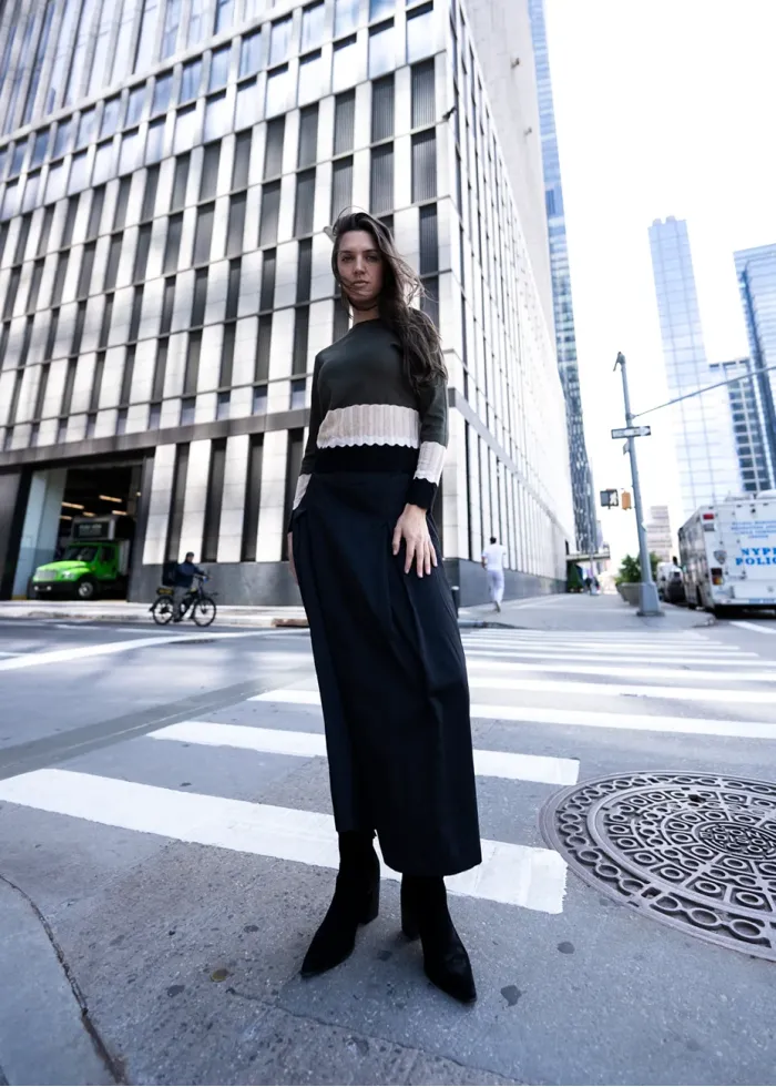 Olive Contrast Knit with Black Skirt Outfit