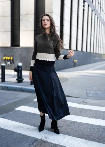 Olive Contrast Knit with Black Skirt Outfit