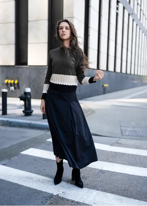 Olive Contrast Knit with Black Skirt Outfit