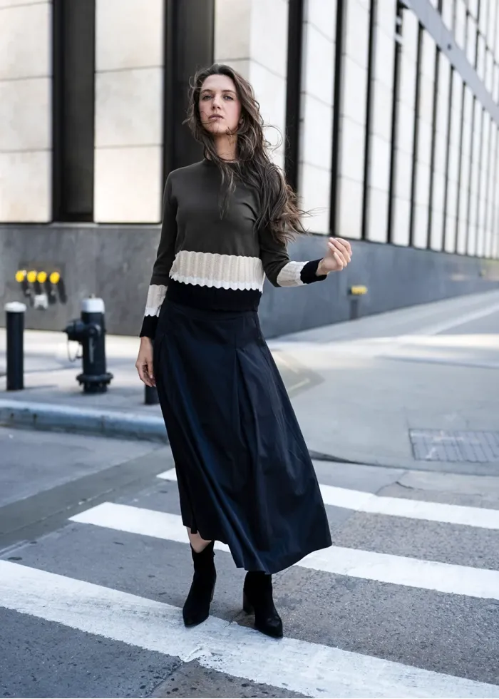 Olive Contrast Knit with Black Skirt Outfit