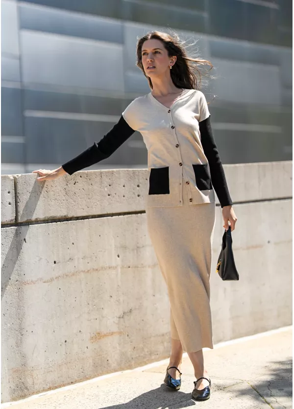 Oatmeal and Black Knit Cardigan & Skirt Set