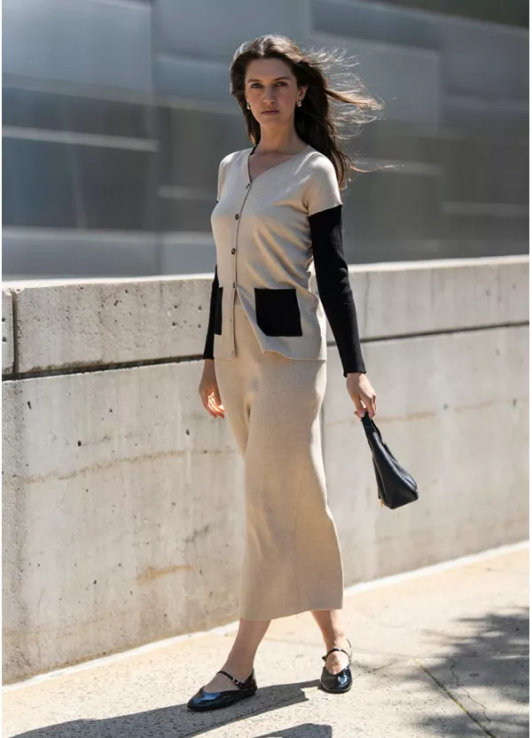 Oatmeal and Black Knit Cardigan & Skirt Set