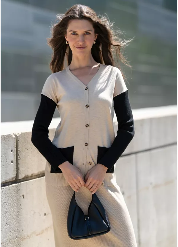 Oatmeal and Black Knit Cardigan & Skirt Set