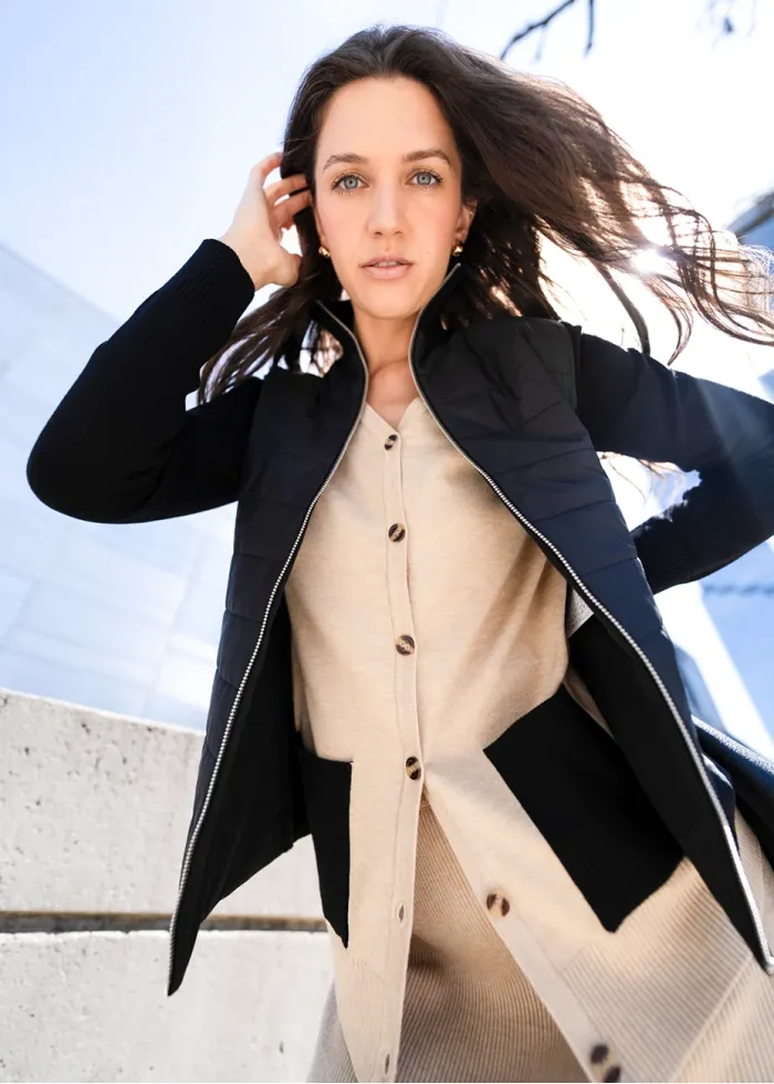 Oatmeal Knit Set & Black Bomber Outfit