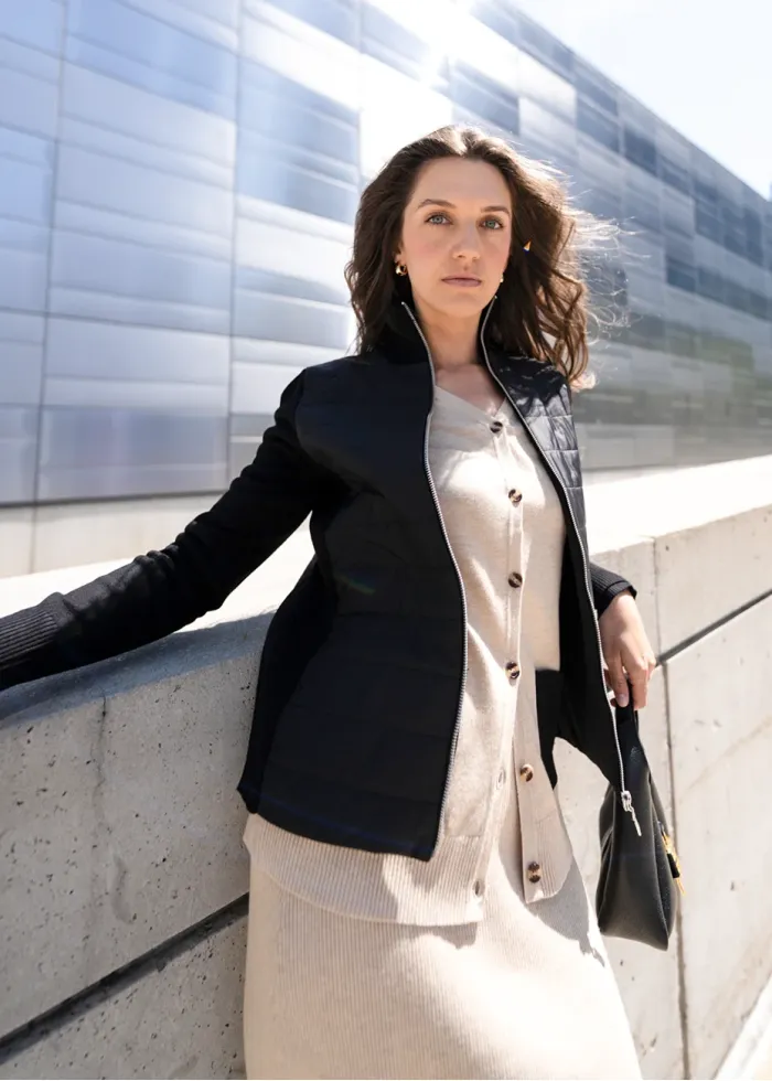 Oatmeal Knit Set & Black Bomber Outfit