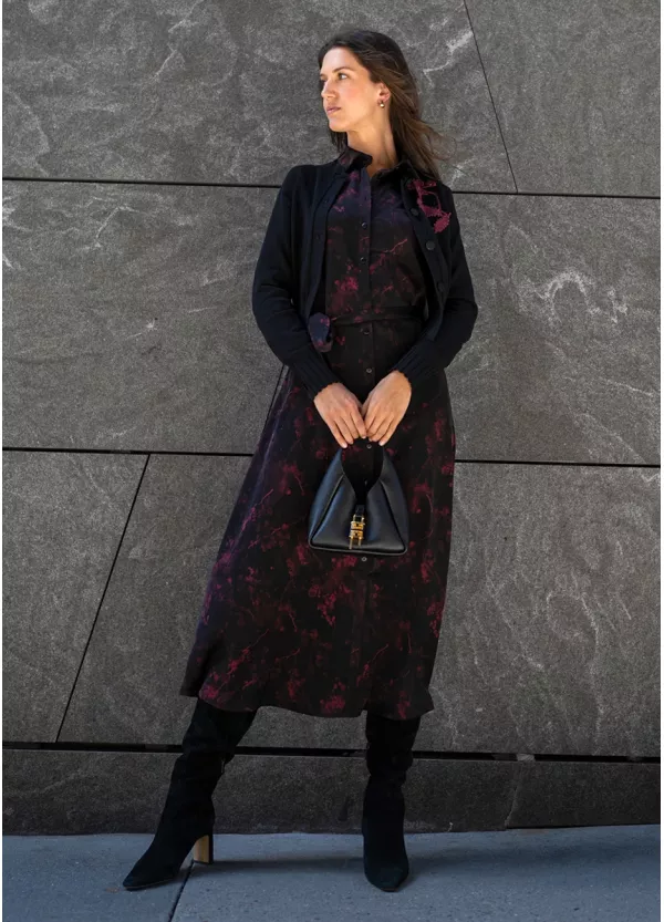 Black Layered Outfit with Printed Midi Dress