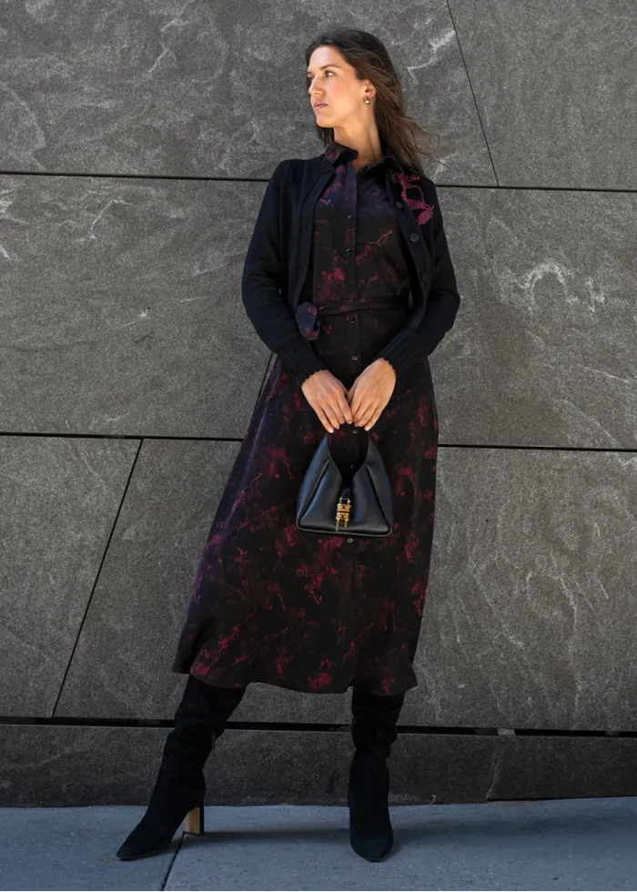 Black Layered Outfit with Printed Midi Dress