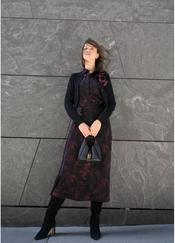 Black Layered Outfit with Printed Midi Dress