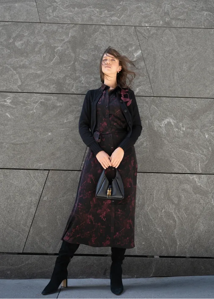 Black Layered Outfit with Printed Midi Dress
