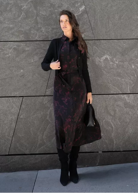 Black Layered Outfit with Printed Midi Dress