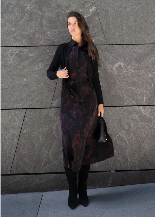 Black Layered Outfit with Printed Midi Dress