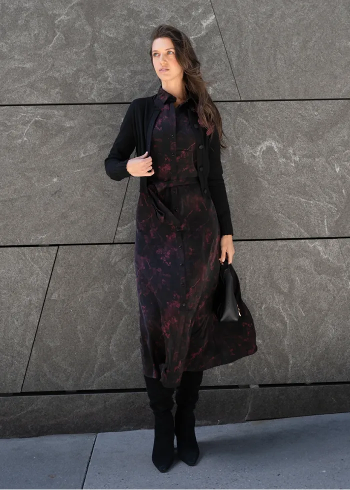 Black Layered Outfit with Printed Midi Dress