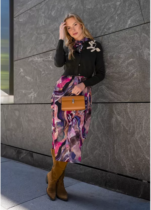 Color-Splash Dress with Olive Cardigan Outfit