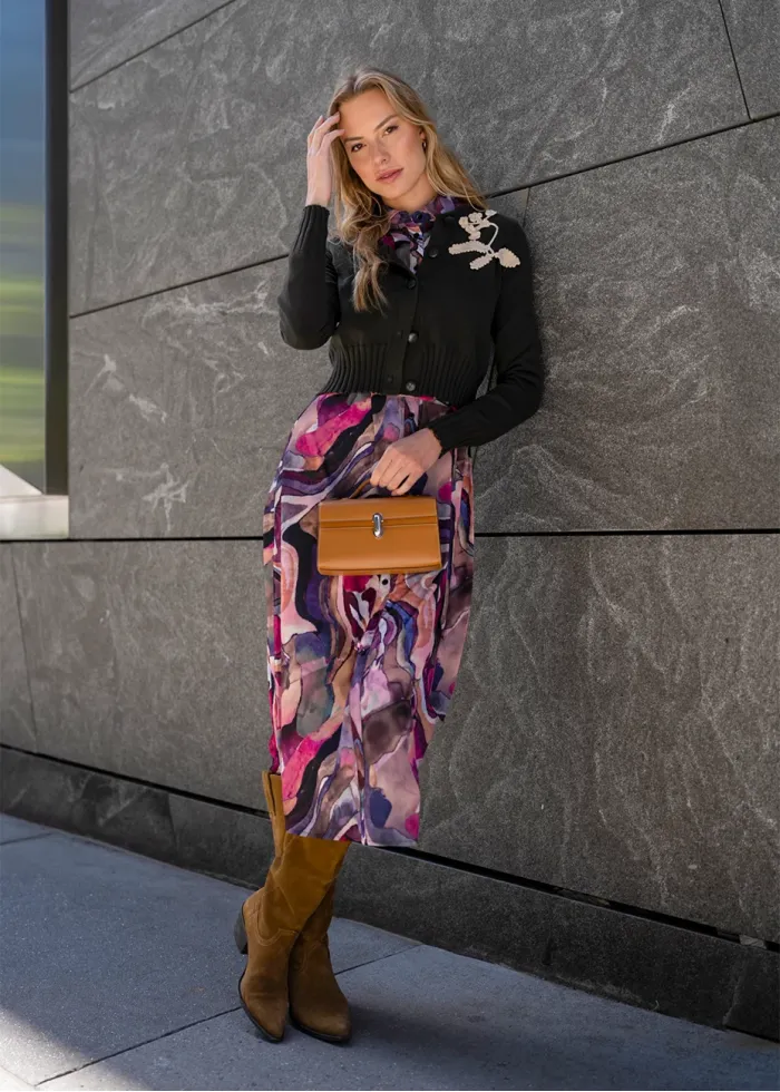 Color-Splash Dress with Olive Cardigan Outfit